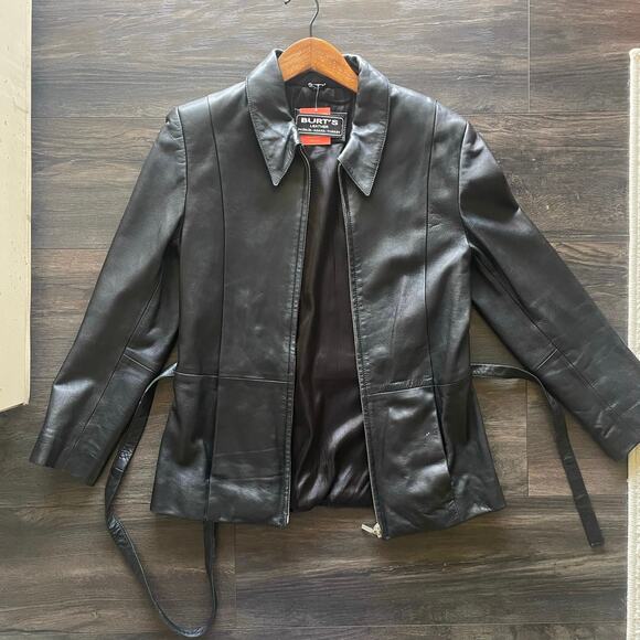 Vintage 90s Genuine Leather Biker Zip Up Jacket with Waist Tie - Picture 3 of 9